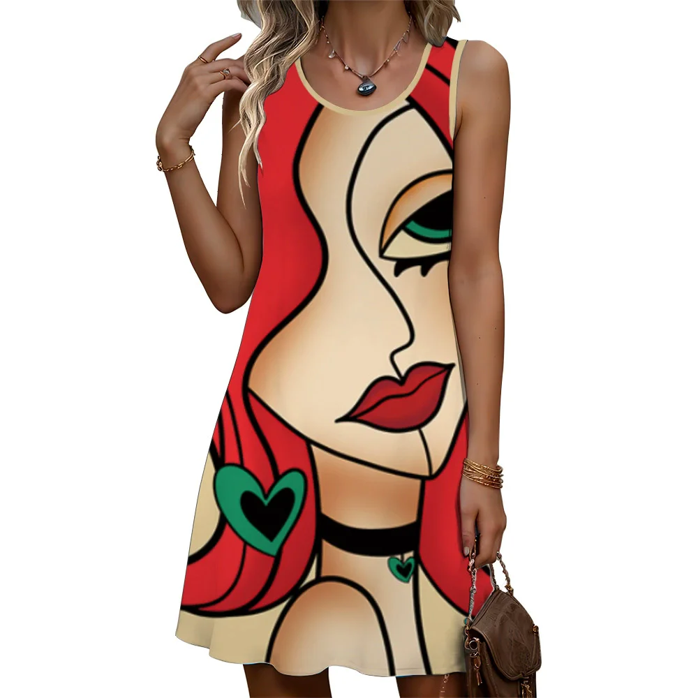 Fashion Cartoon Girl Pattern Women Mini Dresses Summer Sleeveless 3D Printed Streetwear Ladies Dress 3XL Plus Size Casual Dress