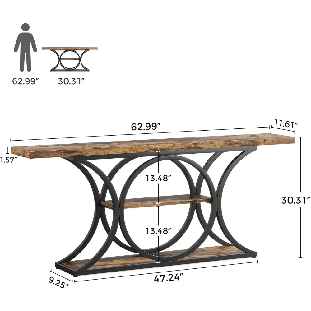 Rustic Industrial Style Extra Long 63 Inch Sofa Table with 3-Tier Storage and Black Metal Frame Console Behind Couch Furniture