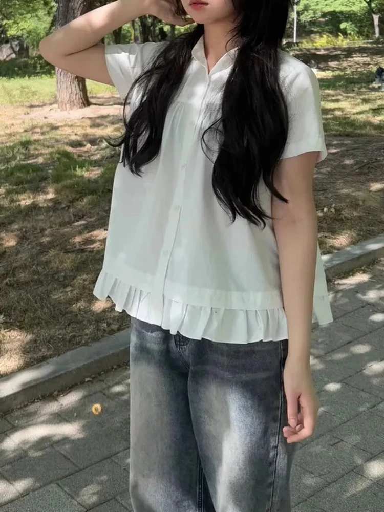 

Matakawa Women Shirts&blouses Ruffles Solid Spring Summer Sweet Blusas Mujer Y2k Korean Fashion Vintage Simple Camisas