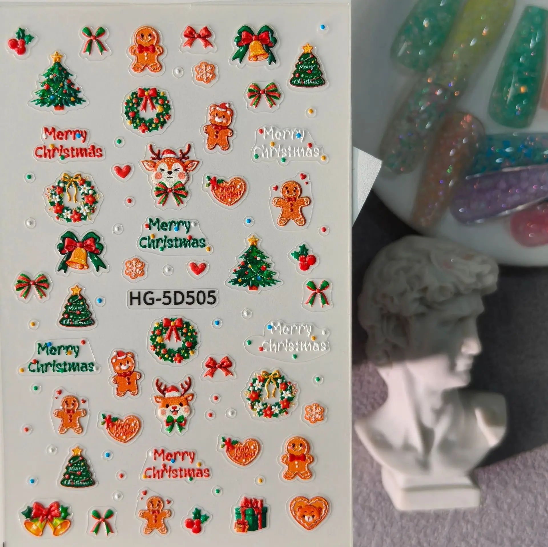 1 Set Christmas Embossed Nail Stickers 3D Bear Gingerbread Man Self Adhesive DIY Festive Manicure Nail Art Decor
