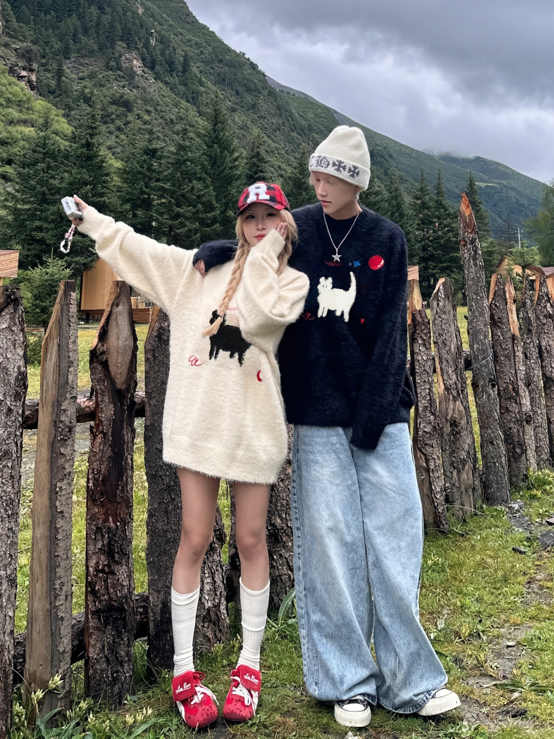 American Lazy Style Soft Cozy Knitted Sweater Couple Matching Loose  Silhouette Design Autumn Winter Japanese Retro Style
