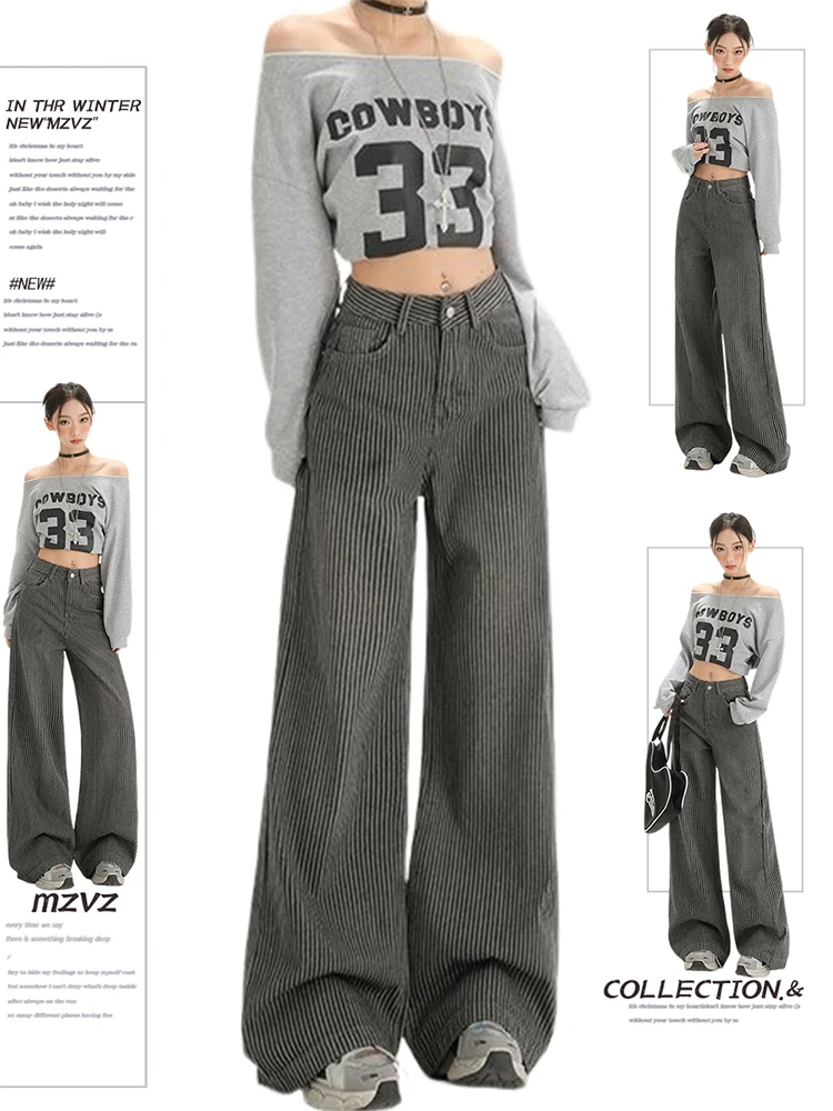 

Winter Women's Jeans Old Money Vintage Flared Pants Low Rise Striped Jeans Bell Bottom Y2k High Quality Denim Harajuku Japanese