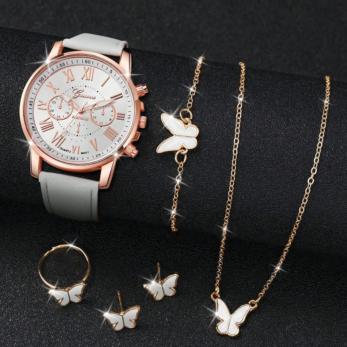 Beautiful 6 Piece/Set Roman Numeral Quartz Watch Set - Elegant PU Leather Strap Perfect gift for mom, her or yourself