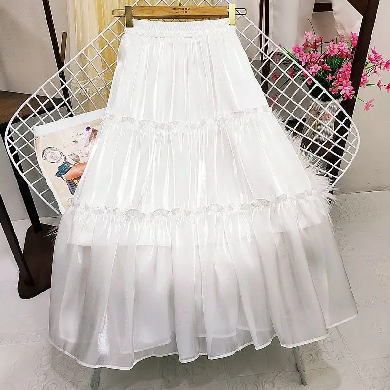 Spring Summer Women Stretchy High Waisted Ruffles A Line Long Beige Skirt , 2025 New Woman Casual Skirts