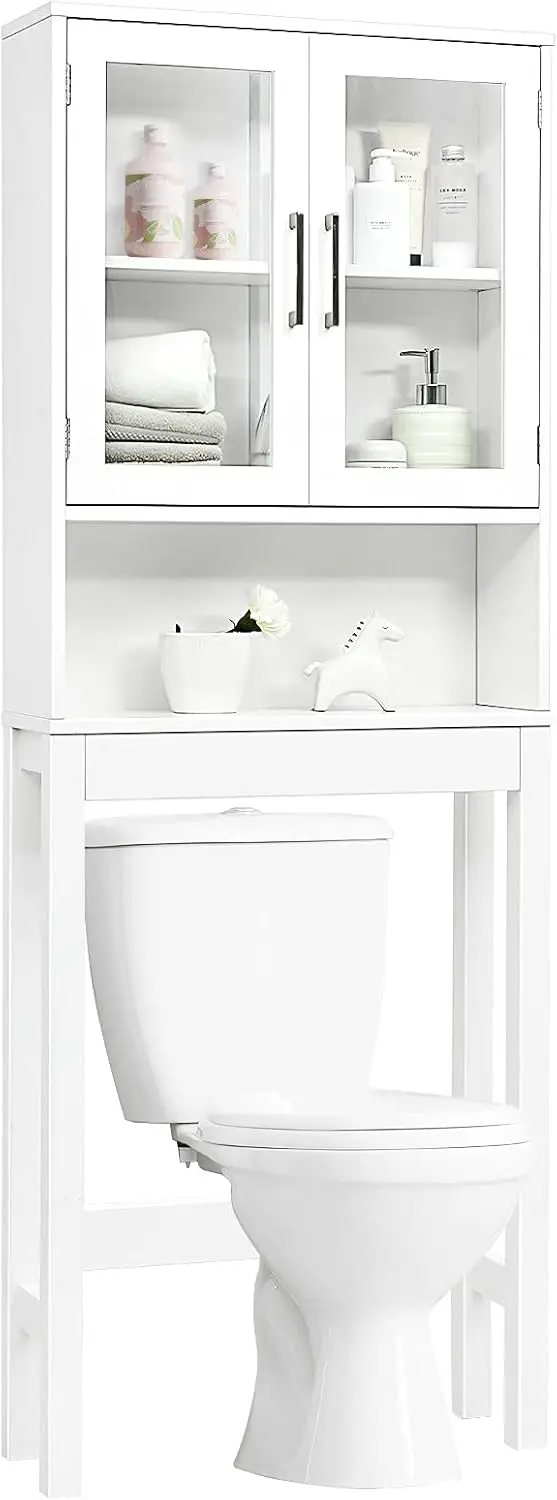 

Over The Toilet Cabinet, Bathroom Cabinet Organizer with 2 Moru Tempered Glass Door, Space-Saving Toilet , Bathroom mirror