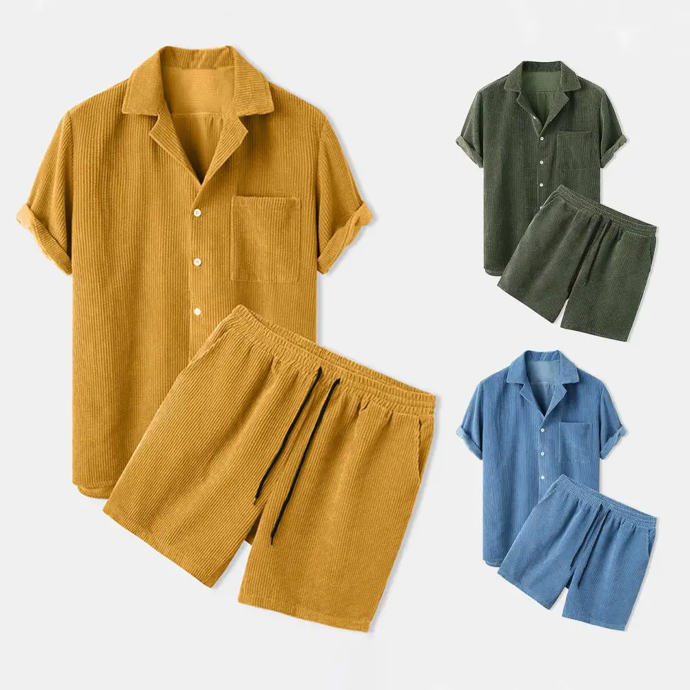 Summer Men Corduroy Shorts Sets Fashion Lapel Short Sleeve Shirts+Shorts Solid Color 2 Piece Set Mens Casual Outfit Sportswear