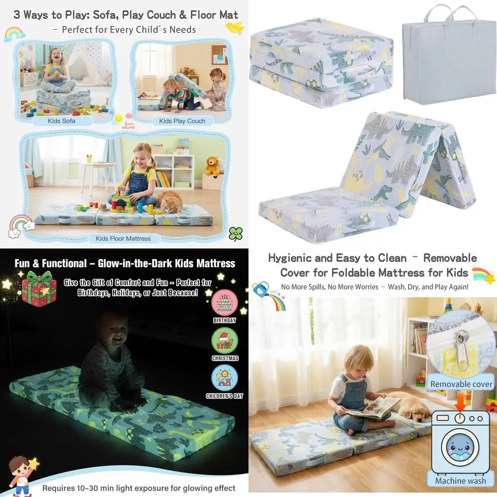 

Portable Dinosaur-Themed Toddler Nap Mat with Glow-in-the-Dark Feature and Storage, Ideal for Travel, Daycare, Camping, and Play