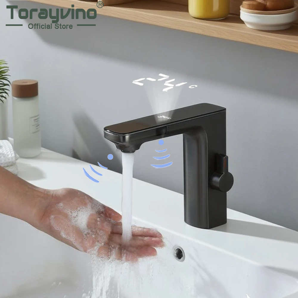 

Torayvino Смеситель для ванной комнаты Бесконтактный сенсорный смеситель для раковины Смарт-цифровой дисплей Раковина Латунь Sense Смеситель для горячей и холодной воды Кран