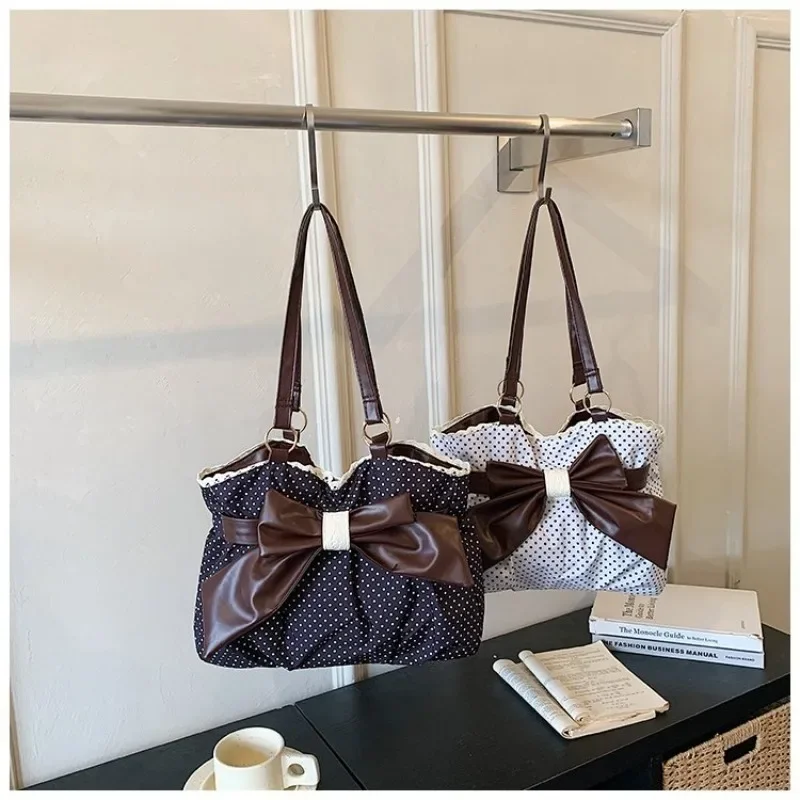 CEEKAY Damen-Tragetasche, weiß, gepunktet, aus Segeltuch, mit großer Schleife, Schultertasche, Reißverschluss, für den täglichen Weg zur Arbeit, lässige Mode – Detail 2