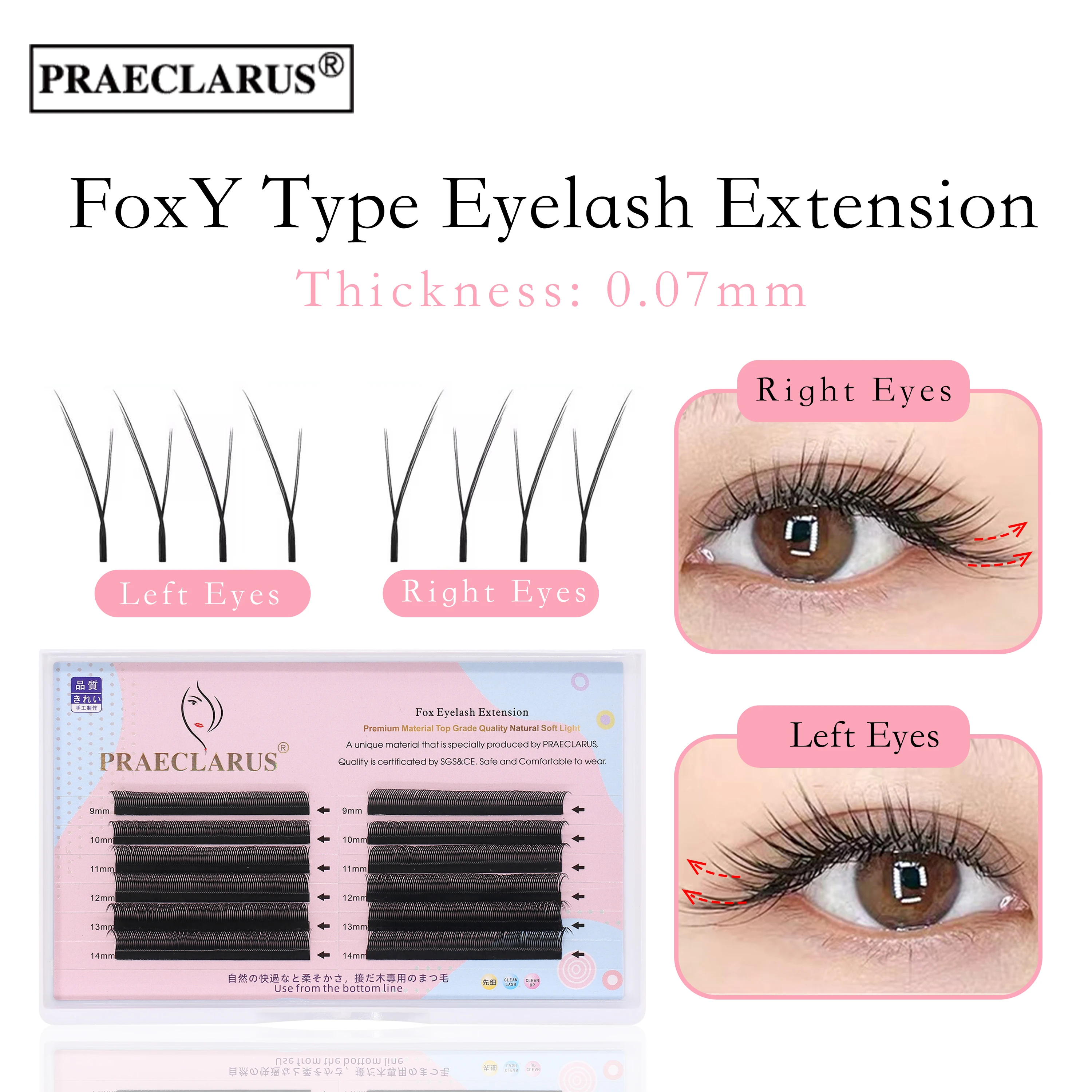 PRAECLARUS Fox Y Type Eyelashes Extension Fox Eye Eyelash 0.07mm 9-14mm Mixed Handmade Premium Materials Natural Soft YY Shape