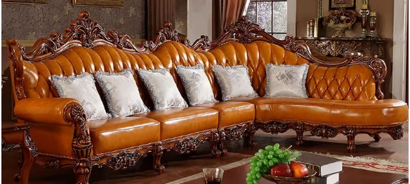 European sofa combination, European solid wood leather corner sofa living room furniture size antique dark