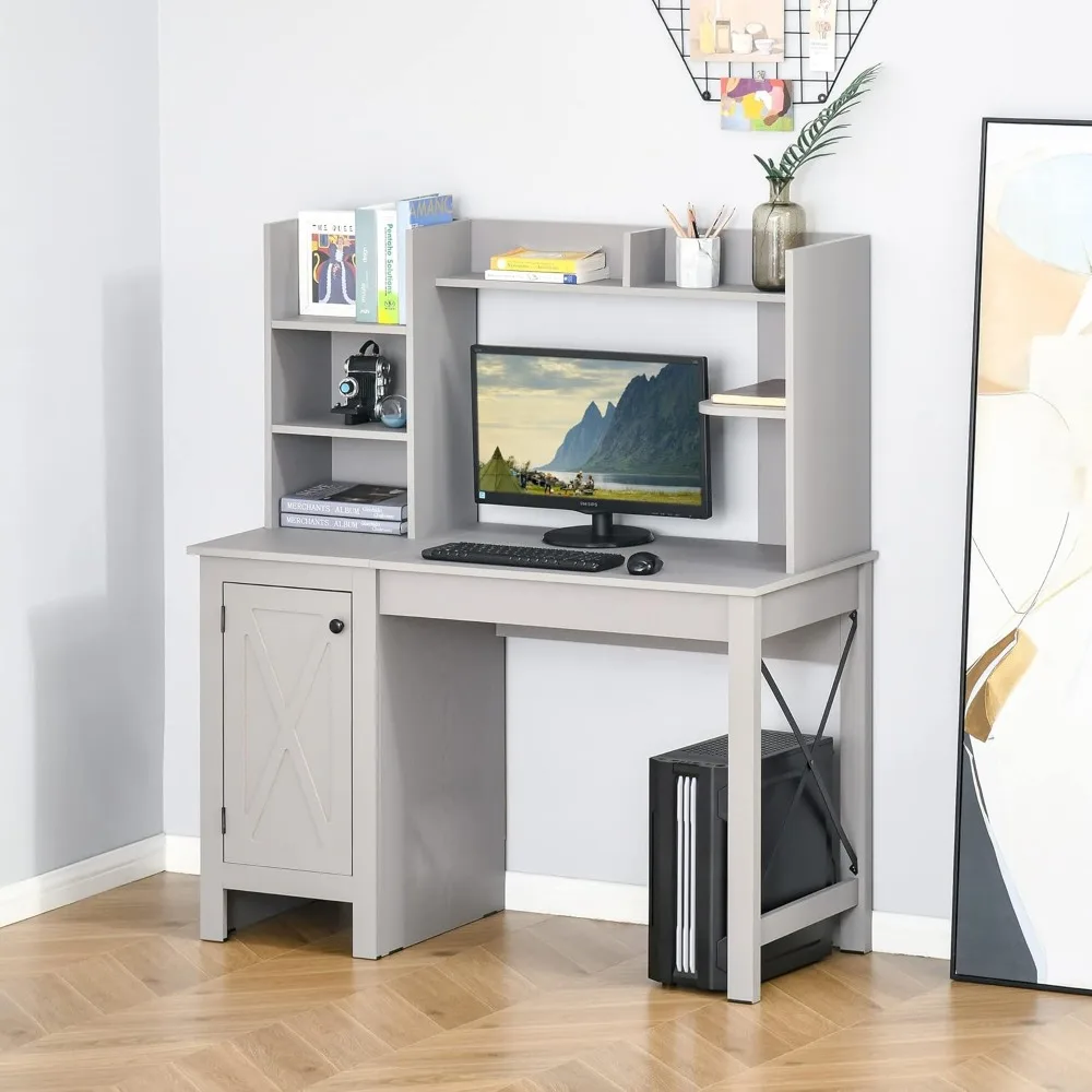 HOMCOM Farmhouse Computer Desk with Hutch and Cabinet, Home Office Desk with Storage, for Study, Light Grey