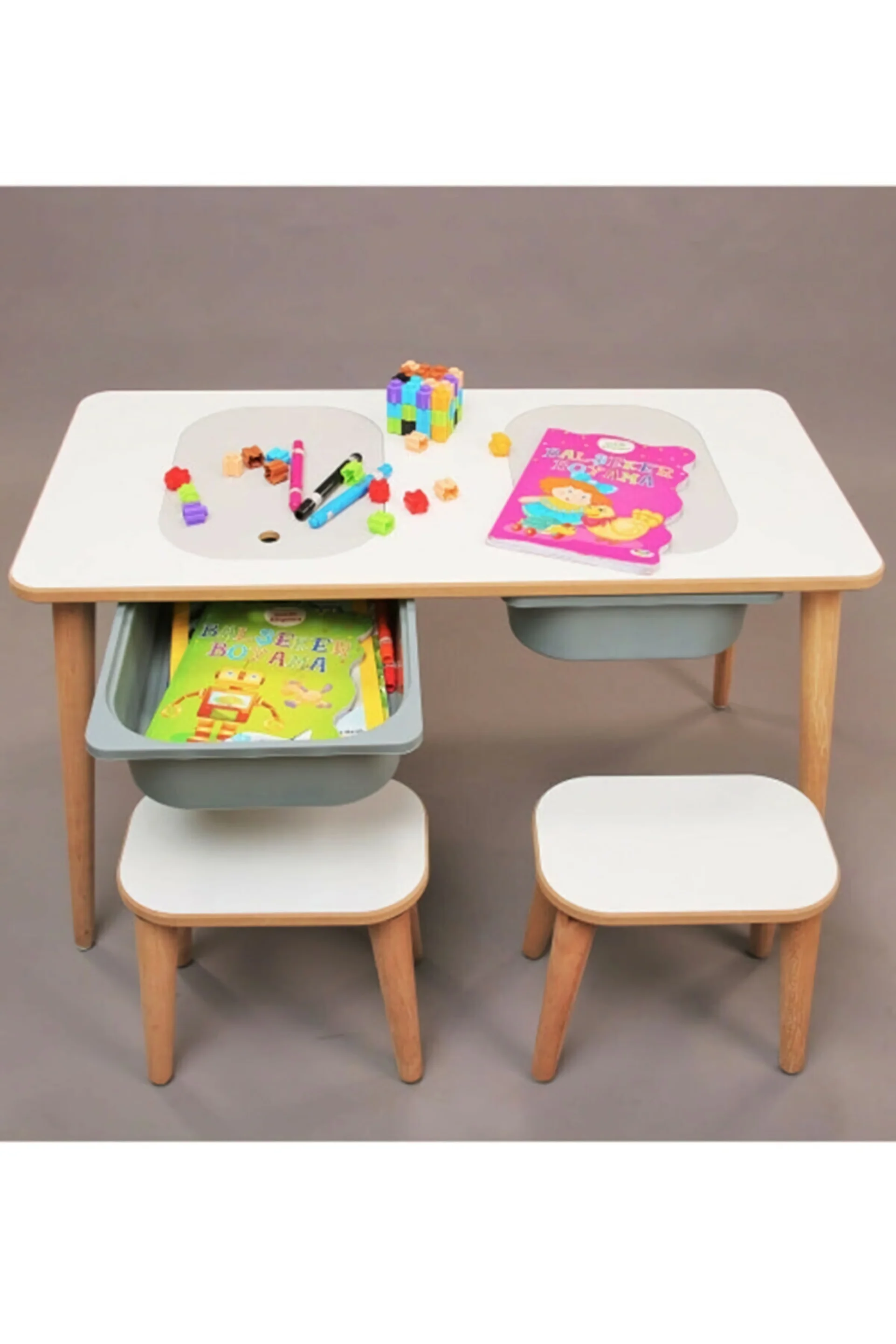 Activity Child Play Board & 2 Pcs Stool Plastic Drawer MDF Structure, Tree Feet Kids Room Desk