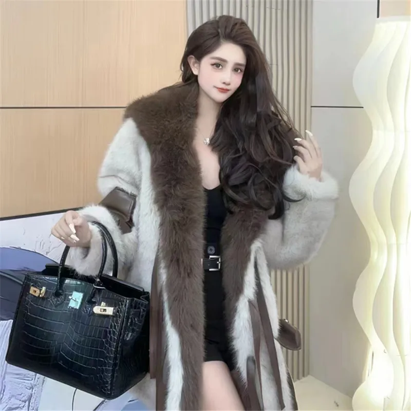 Faux Fur Coat for Women,Fox Fur Collar , Covered Button Jacket, Loose Thicken Warm Overcoat, Female Clothes,Spliced, Winter,New