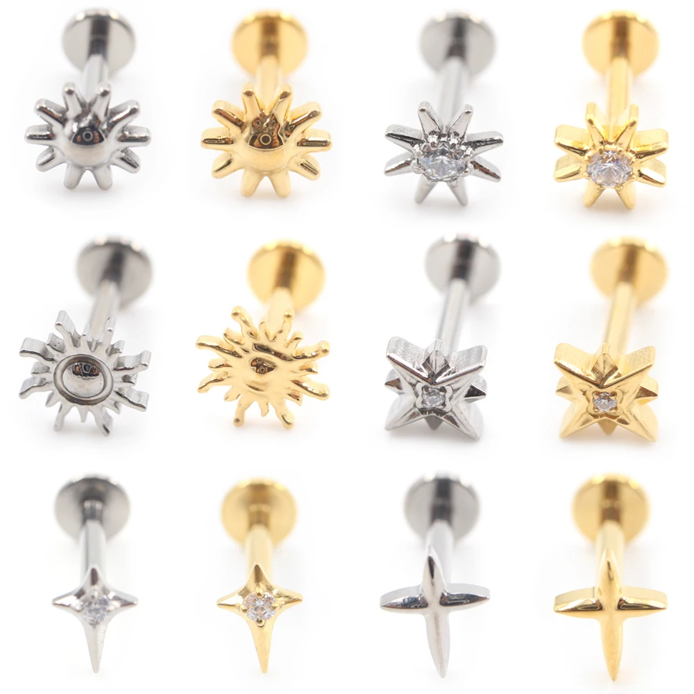 1PC Titanium Sun Cross Round Zircon Internally Threaded Labret Lip Ring Ear Stud Tragus Cartilage Earring Body Piercing Jewelry