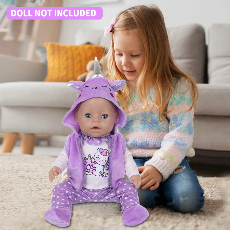 Doll Clothes 16-18Inch/40-45cm Cute Unicorn Jacket Hoodie Pants Baby Born Doll Rebirth Doll Clothes Accessory Doll Girl Gift