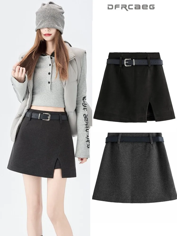 

Autumn Winter Thickening Woolen A-Line Skirt For Woman High-Waisted Office OL Short Pencil Skirts With Slit