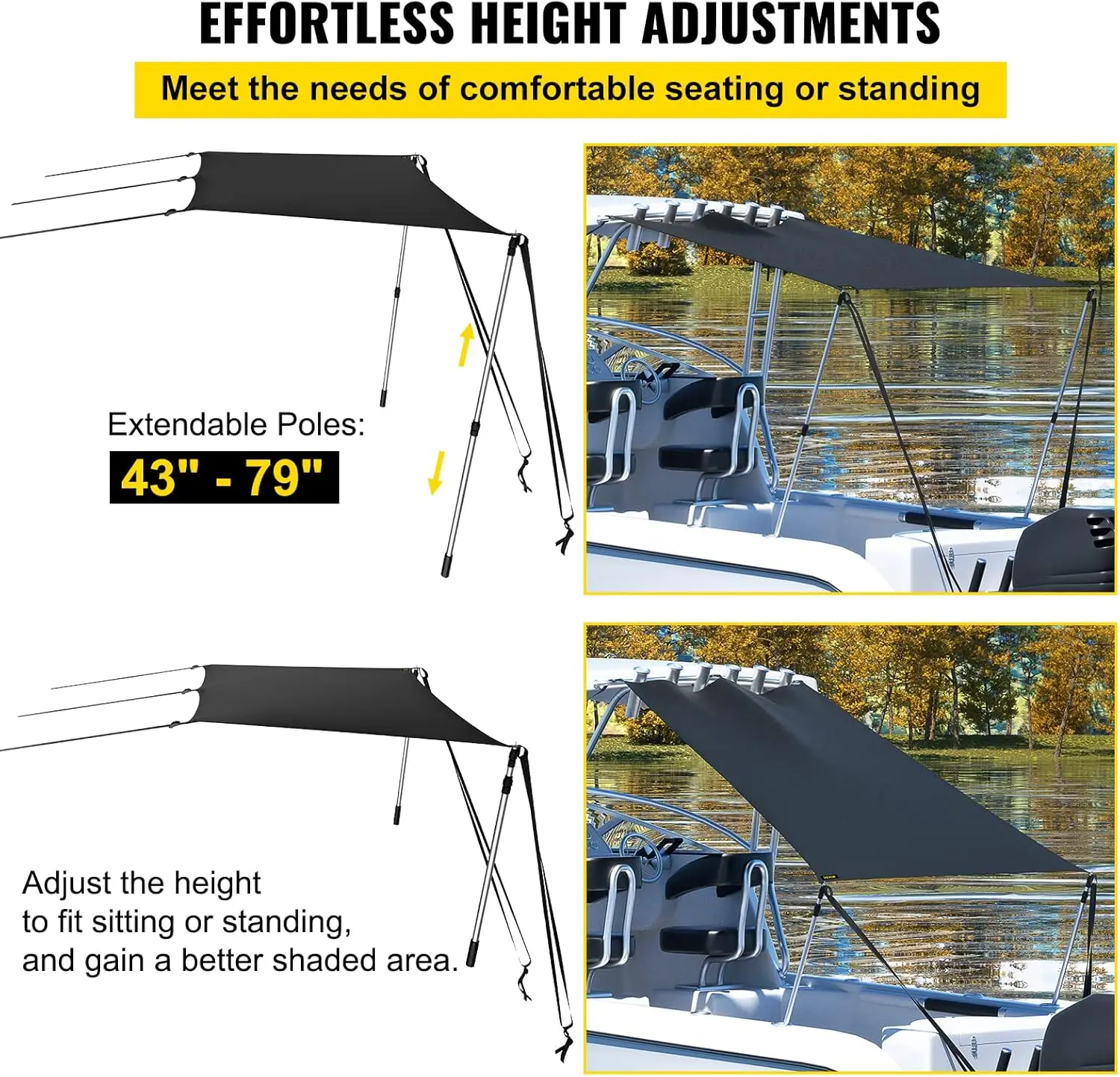 T-Top Sun Shade Kit 4' x 5', UV-Proof 600D Polyester T-top Extension Kit with Rustproof Steel Telescopic Poles.