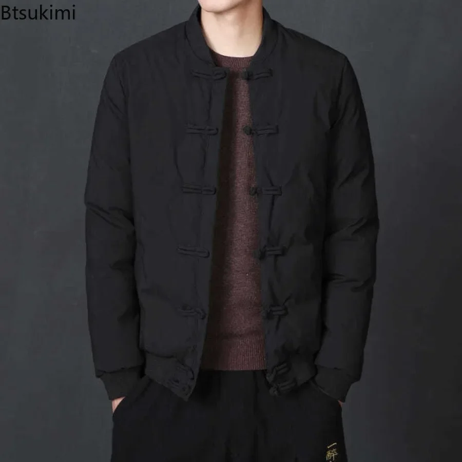 New 2026 Winter Men's Chinese Style Parkas Casual Retro Black Coat for Men Fashion Chinese Knot Buttons Vintage Cotton Clothes