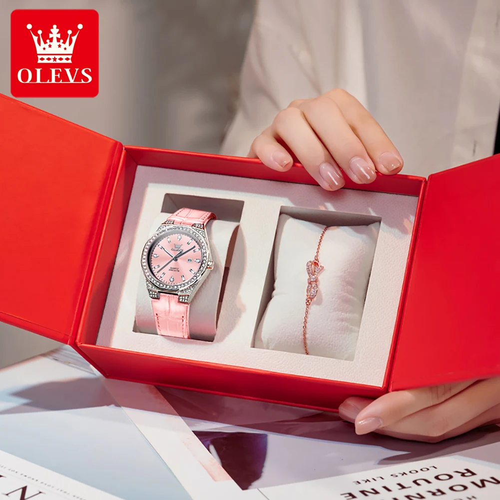 OLEVS 5606 Women Watch Quartz Wristwatch Leather Strap Waterproof Luminous  Diamond Date Watch Bracelet Set Reloj Mujer Original