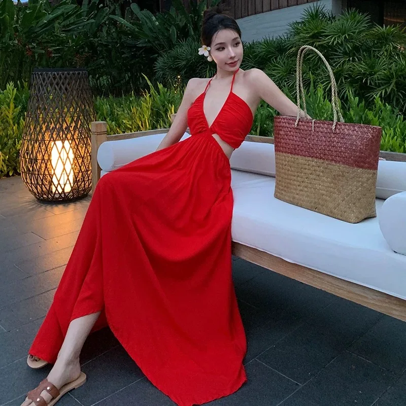 

Soft Hanging Neck Beauty Open Back Dress Sexi Red Irregular Large Flowy Swing Dresses Lady Elegant Beach Vacation Long Dress