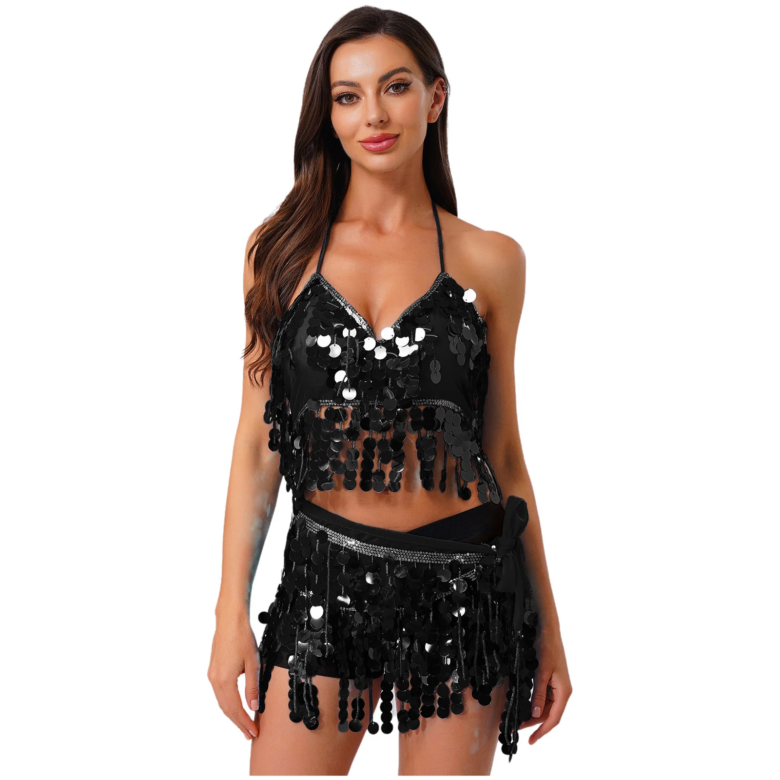 

Womens Belly Dance Outfits Shiny Sequins Tassel Fringe Padded Bra Crop Top and Lace-up Hip Scarf Waist Chain Skirt 2-Piece Set