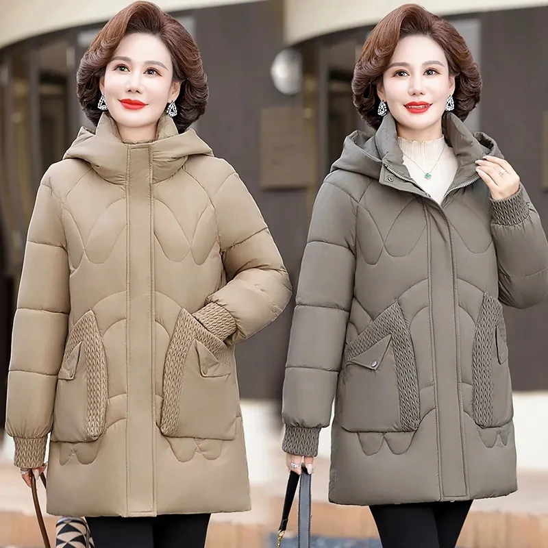 Womens Down Cotton Coat 2024 Winter Cotton-padded Parkas Female Warm Hooded Puffer Parkas Mother Clothing Cotton Overcoat Coats