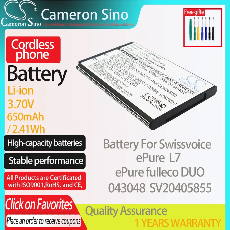 CameronSino – batterie pour téléphone sans fil, compatible avec Swissvoice 043048, ePure, fulleco DUO L7, SV20405855, 650mAh