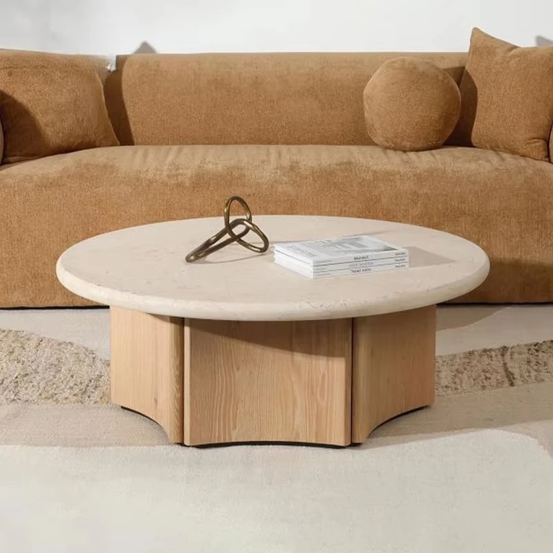 wq-High Round Marble Top Coffee Table Modern Home Wood Base Tea Table Minimalist Living Room Small House Solid Wood End Table^