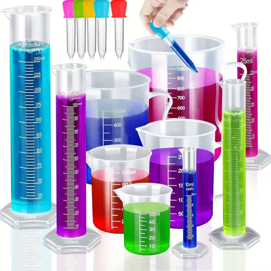 Graduated Cylinder Plastic Beaker, 5pcs Plastic Graduated Cylinder 10ml 25ml 50ml 100ml 250ml and 5pcs Plastic Beakers 50ml 100m