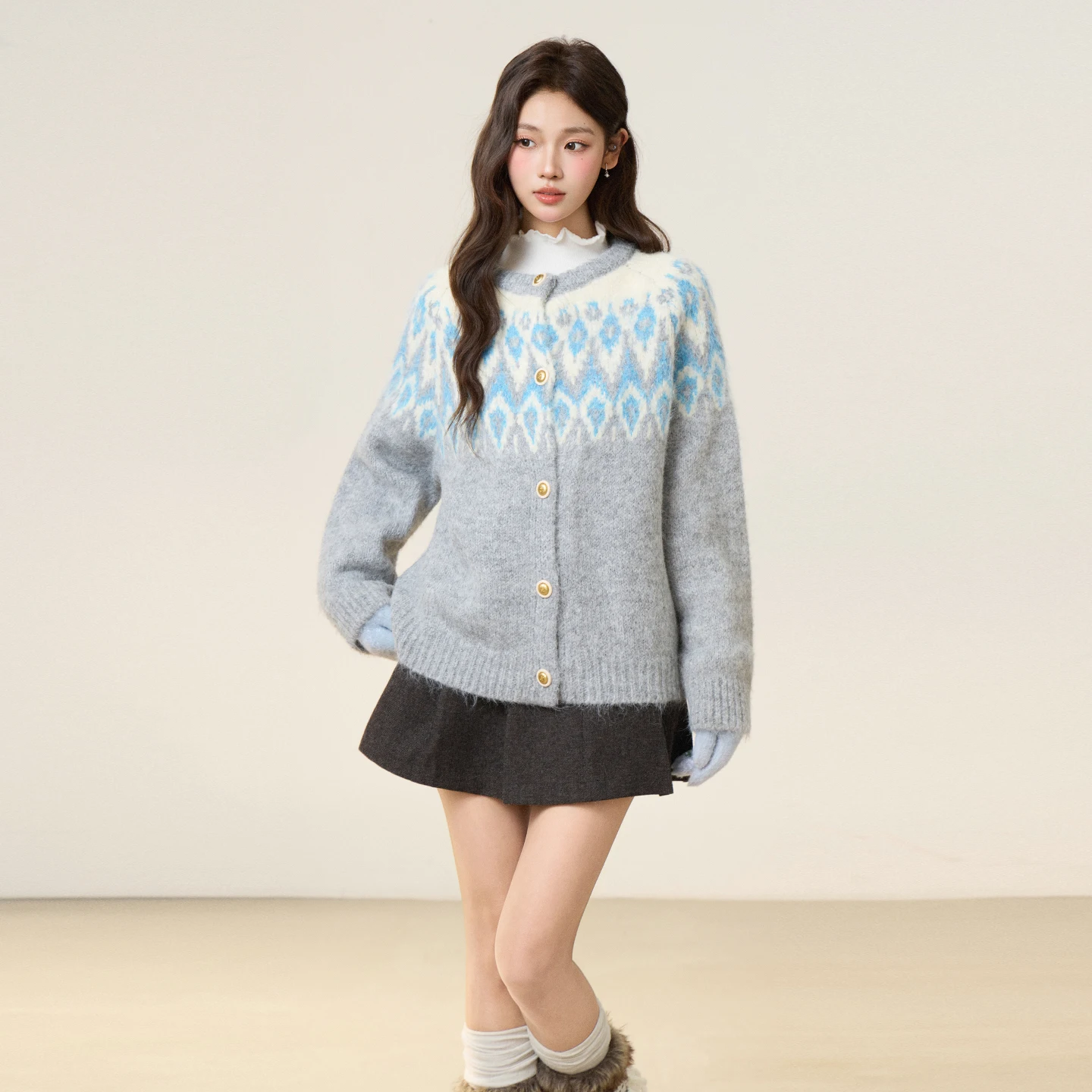 Lazy Wind Fel Island-suéter de cuello redondo con contraste de Jacquard para mujer, cárdigan de punto suelto para otoño e invierno