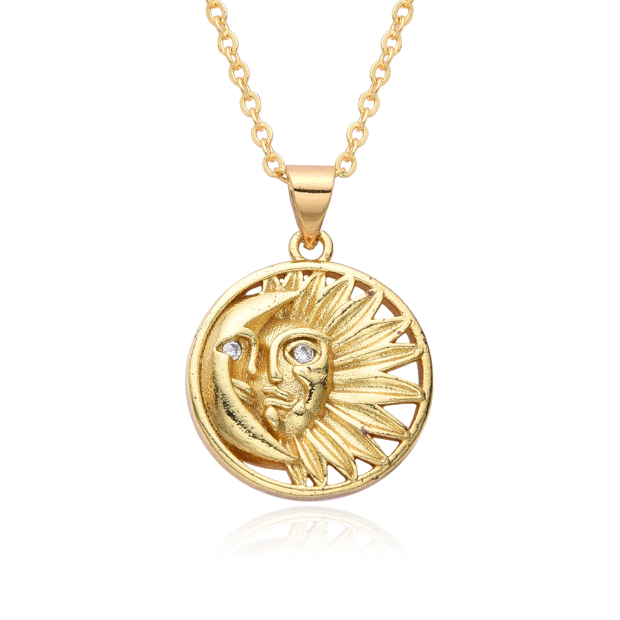 Gold Color Round Coin Charms Micro-inlaid Zircon Figure Necklace for Women Sun flower Choker Chain Pendant DIY Jewelry Wholesale