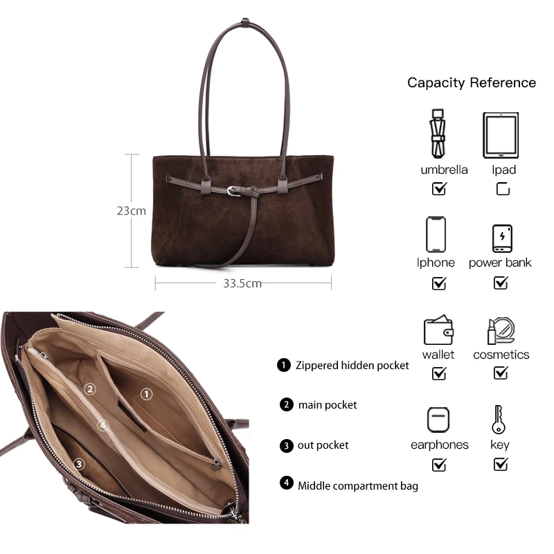Matte Suede Women's Shoulder Bag Cow Leather Casual Tote Handbags Large Capacity Commuter Shopper Soft Cowhide Underarm Bags