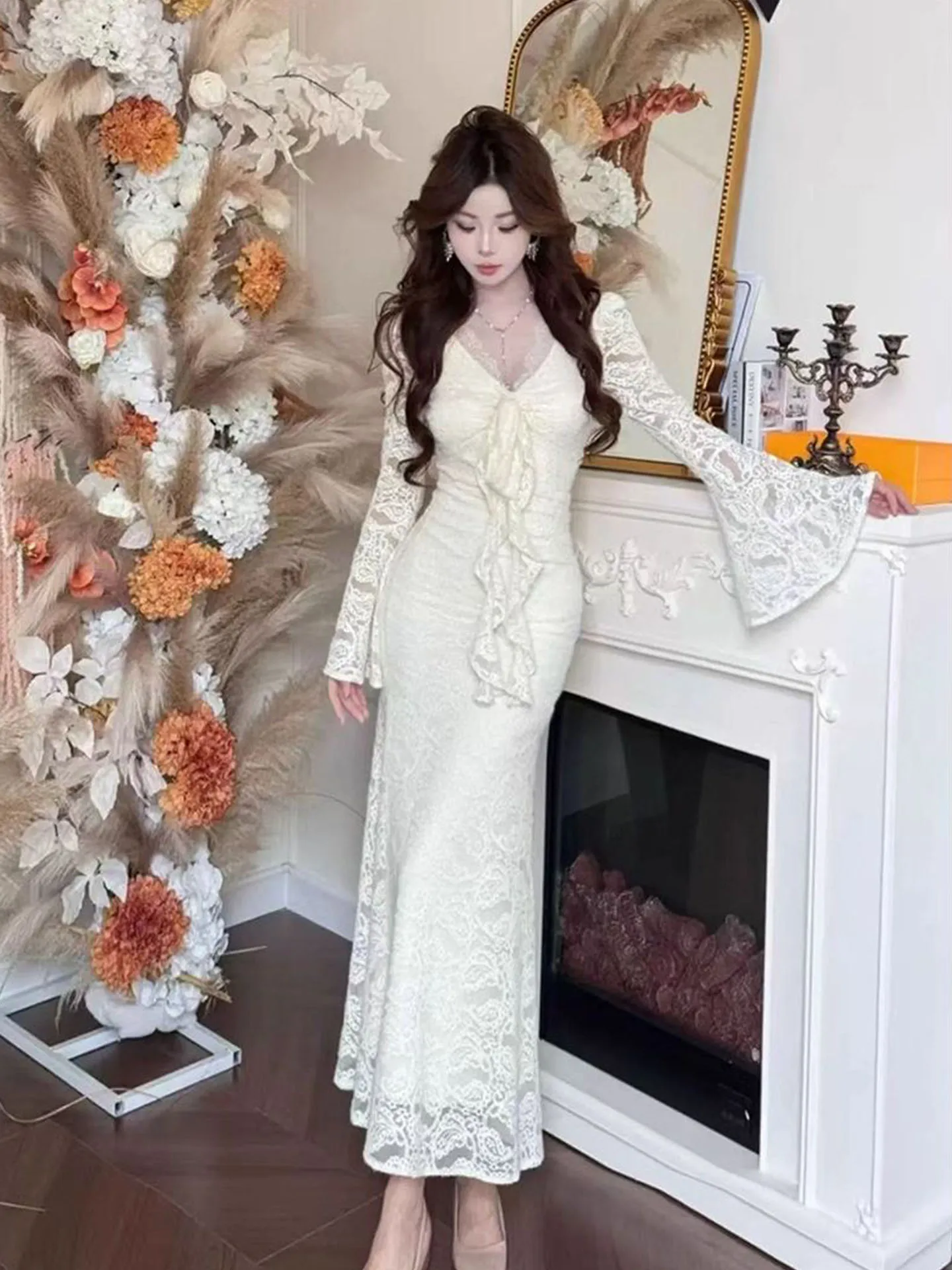 Sexy Spicy Girl Long Sleeve Lace Trim Bodycon Dress V-neck Spring New Style Fish-tail Long Dress High Waist Korean Style
