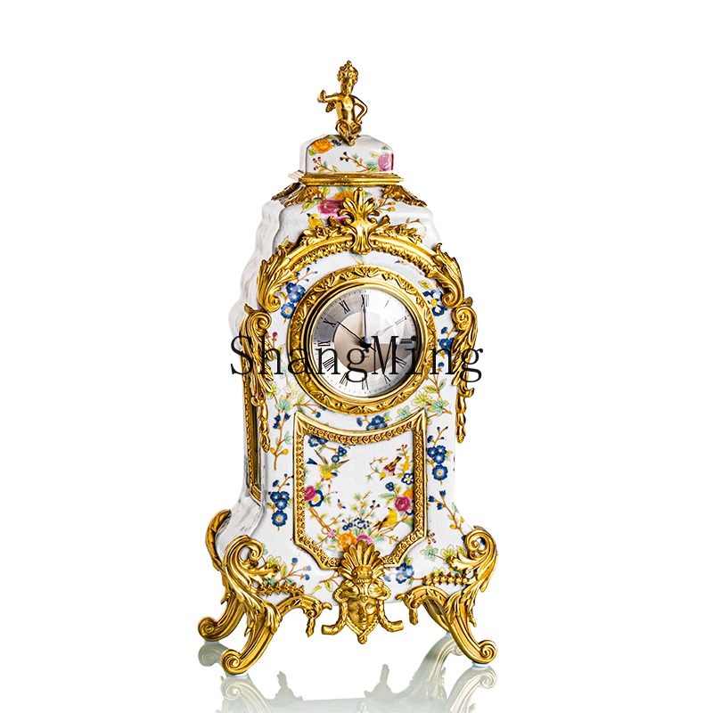 

CL high-end luxury ceramic with copper decorative desk clock, blue and white porcelain art clock ornament