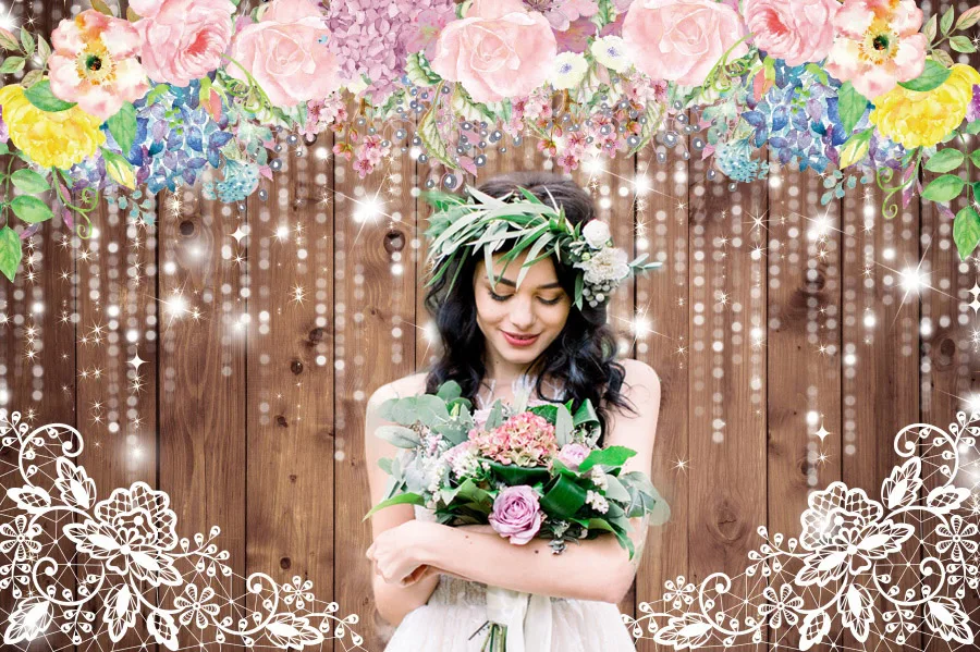 Laeacco Pink Floral Wood Board Bridal Shower Photocall Backdrop Women Girls Birthday Portrait Customized Photography Background