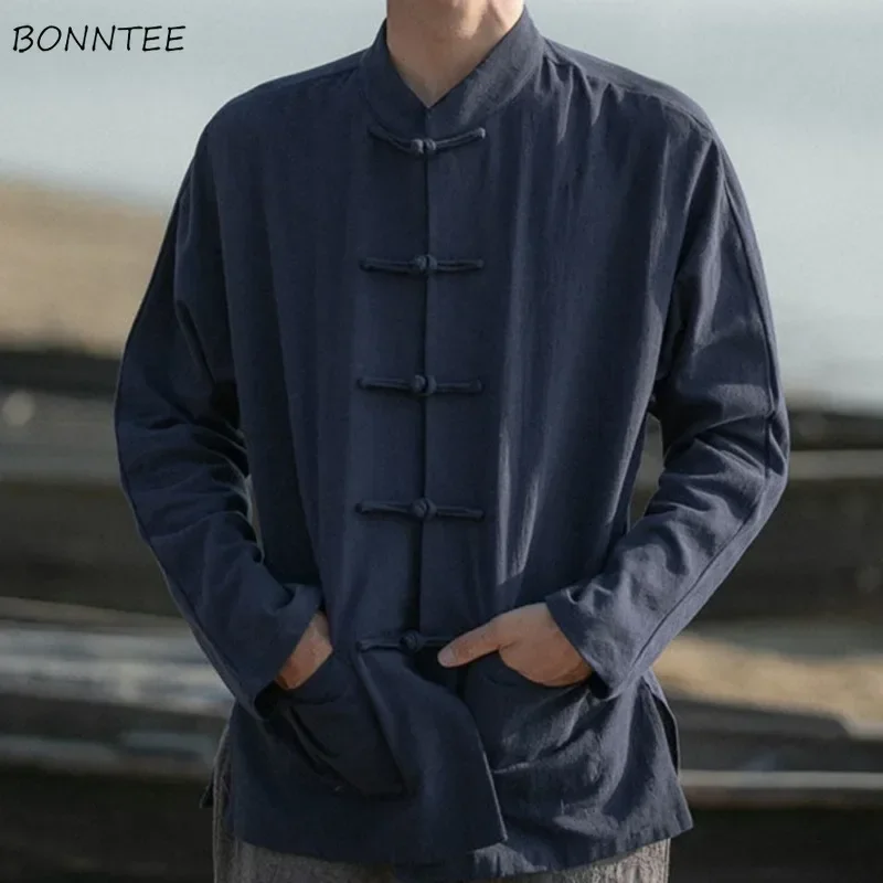

Мужская винтажная модная рубашка, осенние однотонные рубашки с длинным рукавом и воротником-стойкой, мужские повседневные топы в китайском стиле, универсальные удобные