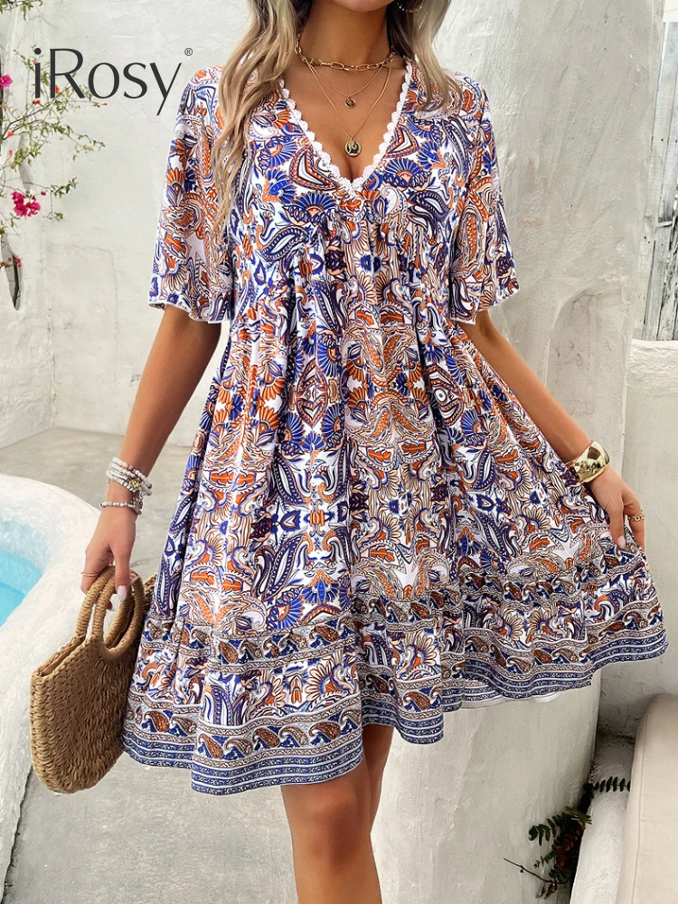 2024 New in Summer Paisley Print Boho Viscose Dress for Women Casual Loose Short Sleeve Deep V Neck Bohemian Vacation Dresses