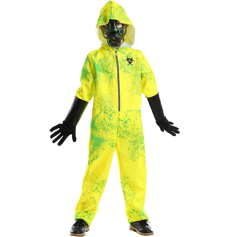 Evil Zombie Hazmat Cosplay Kids Hazmat Suit And Mask Costume For Purim Outfit Boys Yellow Biochemical Radiation Jumpsuit