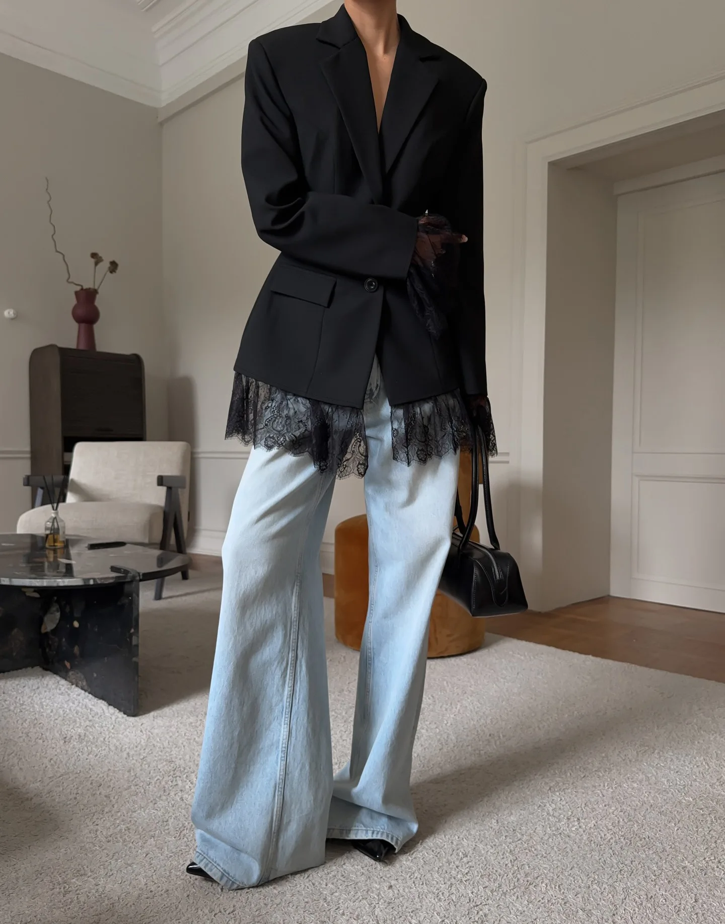 

JHJN черный костюм осень High Street Design Sense с застежкой на талии кружево сращивание для поездок на работу женская одежда пальто с длинными рукавами