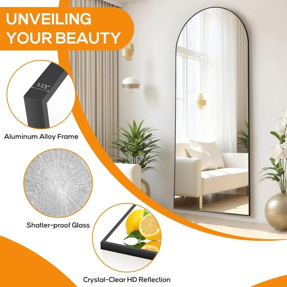Full-Length Arched Mirror - Upgraded 21x64 Inch Shatter-Proof Glass Wall Mirrors for Floor Standing, Hanging, or Leaning - Large