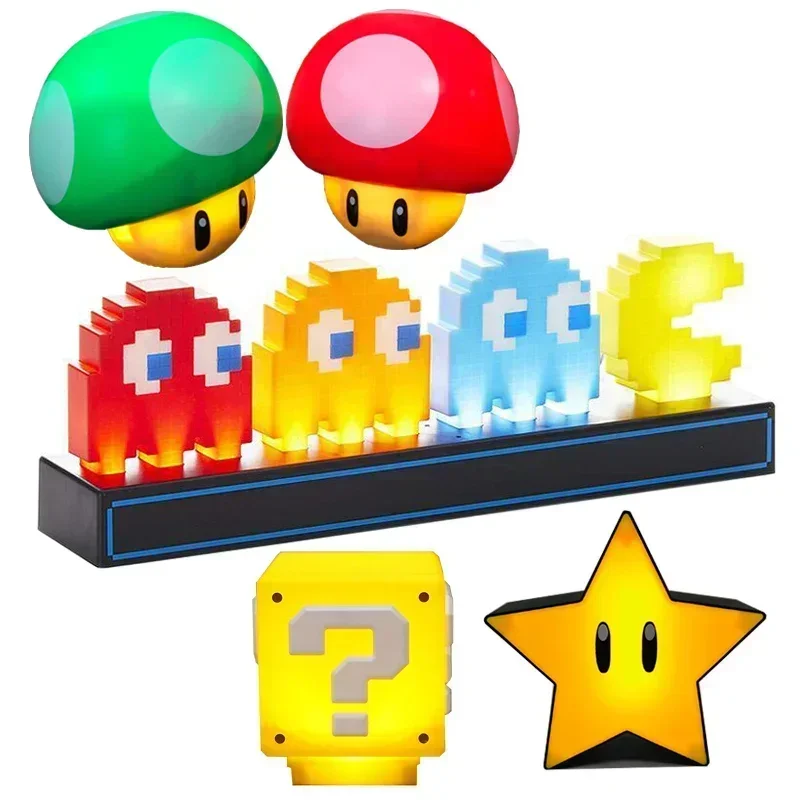 

2025 HOT Super Mario Bros Mushroom LED Night Light Question Mark Brick Lamp Star Statue USB Charging Table Lamp Toys Gifts
