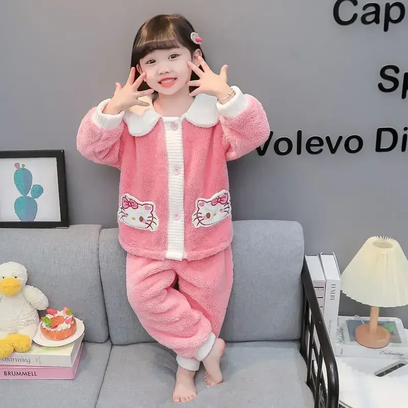 Sweet Hello Kitty Anime Sanrio Kawaii Lange Mouw Jas Panst Pyjama Schattige Baby Dik Koraal Fluwelen Homewear Kleding Geschenken Speelgoed