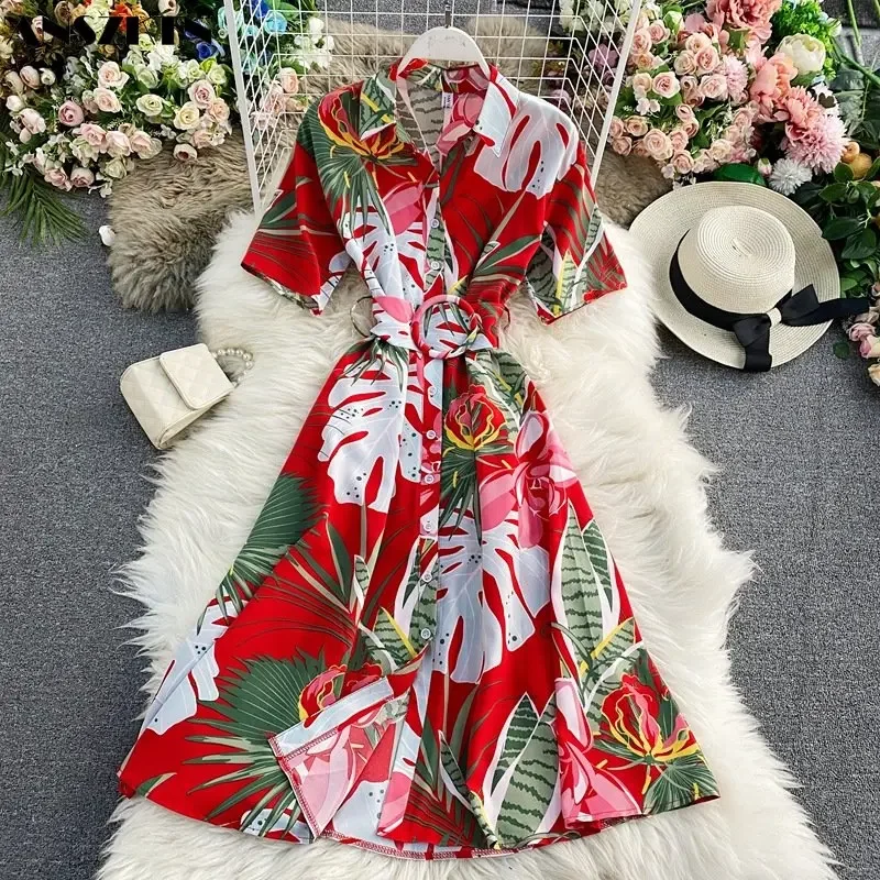 Sommerliches, kurzärmliges Hemdkleid mit französischem Vintage-Print