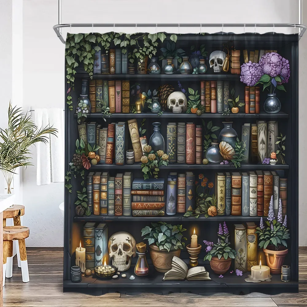 Vintage Bookshelf Library Shower Curtain Bookcase Books Retro Study Bathroom Decor Wizard Magic Room Polyester Bathtub Curtain