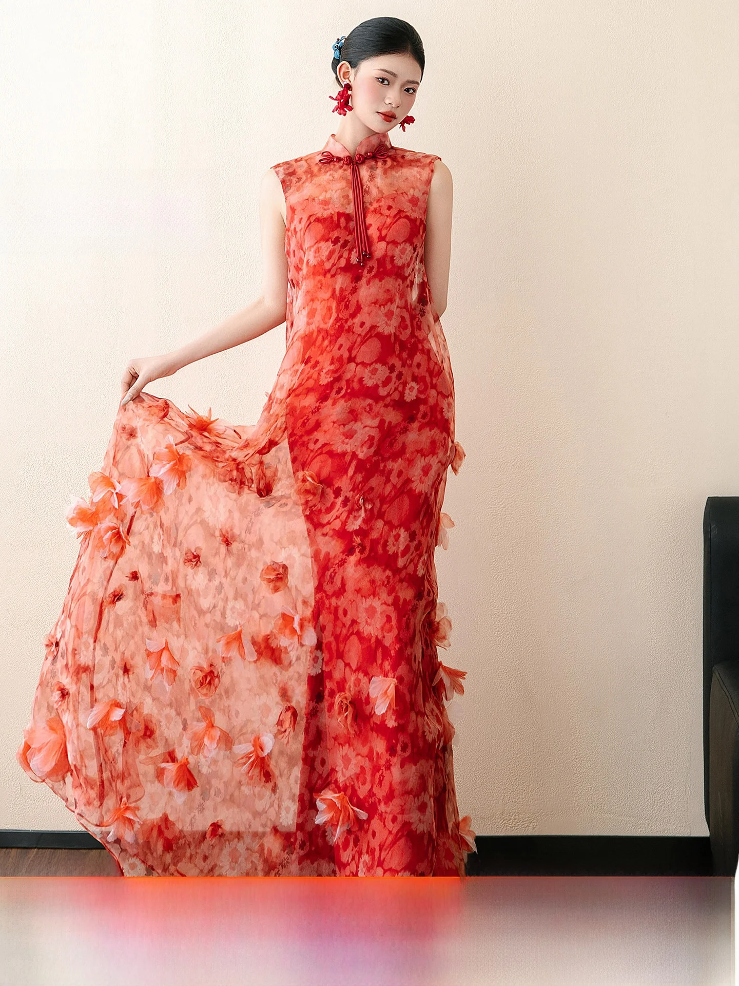 

Red Sleeveless Retro Floral New Chinese Style Wedding Dress Thank You Dinner Engagement Ceremony Long Qipao Evening Gown