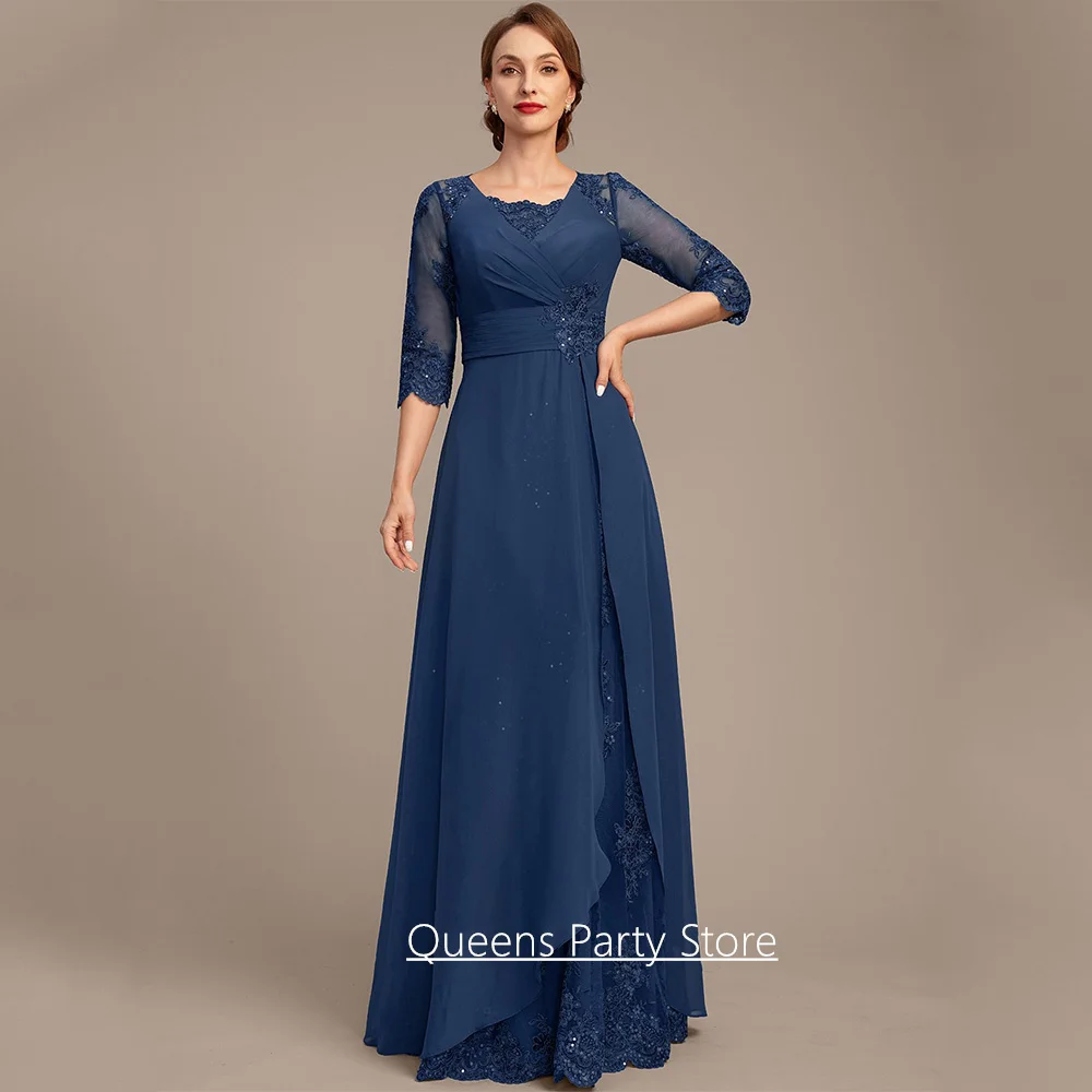맞춤형 신부 어머니 드레스 3/4 소매 비즈 장식 스팽글 아플리케 바닥 길이 A라인 쉬폰 웨딩 게스트 가운