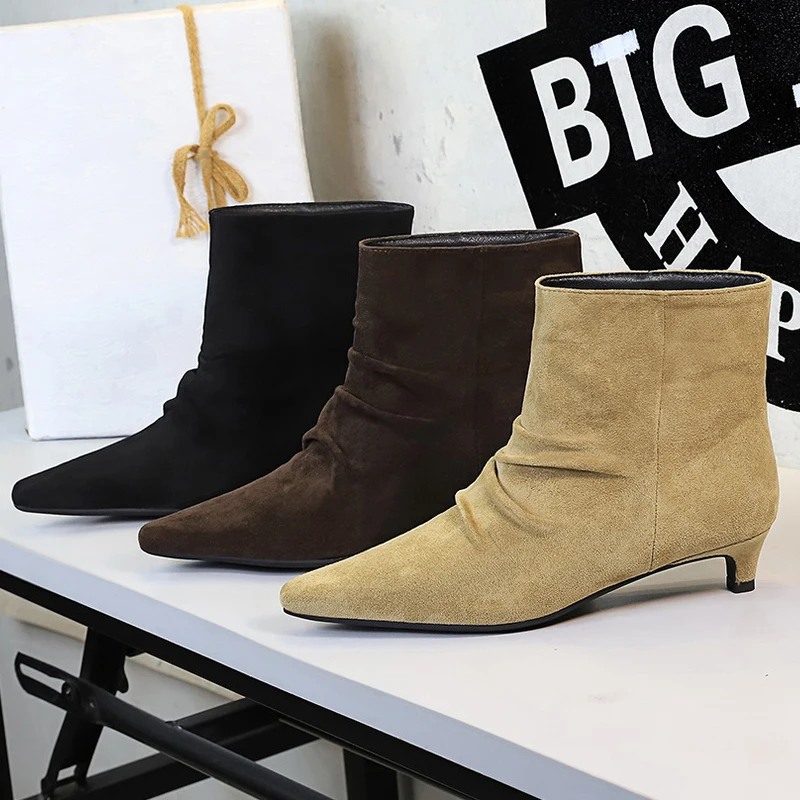 BIGTREE Shoes Retro Women Short Boots Suede Pleated Women Boots Low Heeled Autumn Winter Boots Quality Comfort Ladies' Shoes