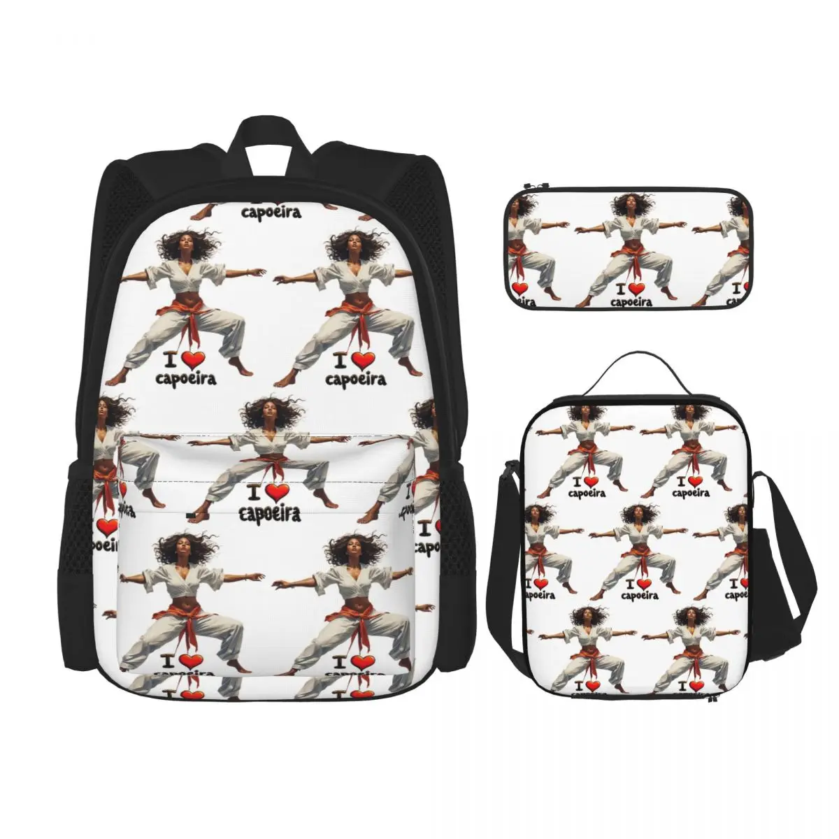 Dynamic Capoeira Art I Love Capoeira Design Backpacks Kids Bookbag School Bags Rucksack Lunch Bag Pen Bag Three-Piece Set