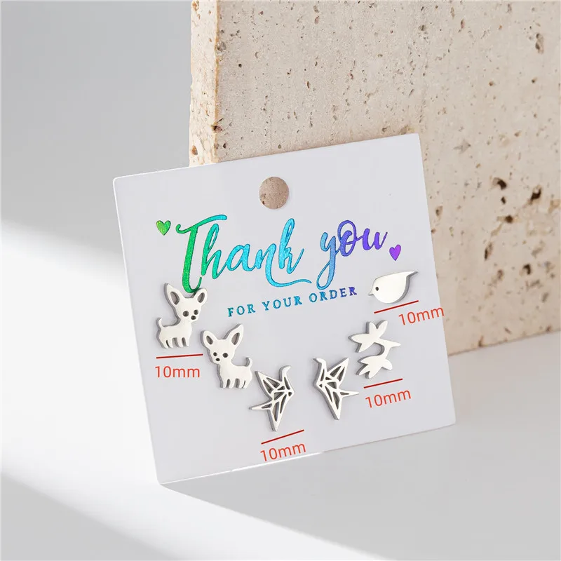 3Pairs/card Origami Stainless Steel Crane Earring Cute Bird Dog Ear Jewelry Girls Student Mini Animal Stud Earrings Accessories
